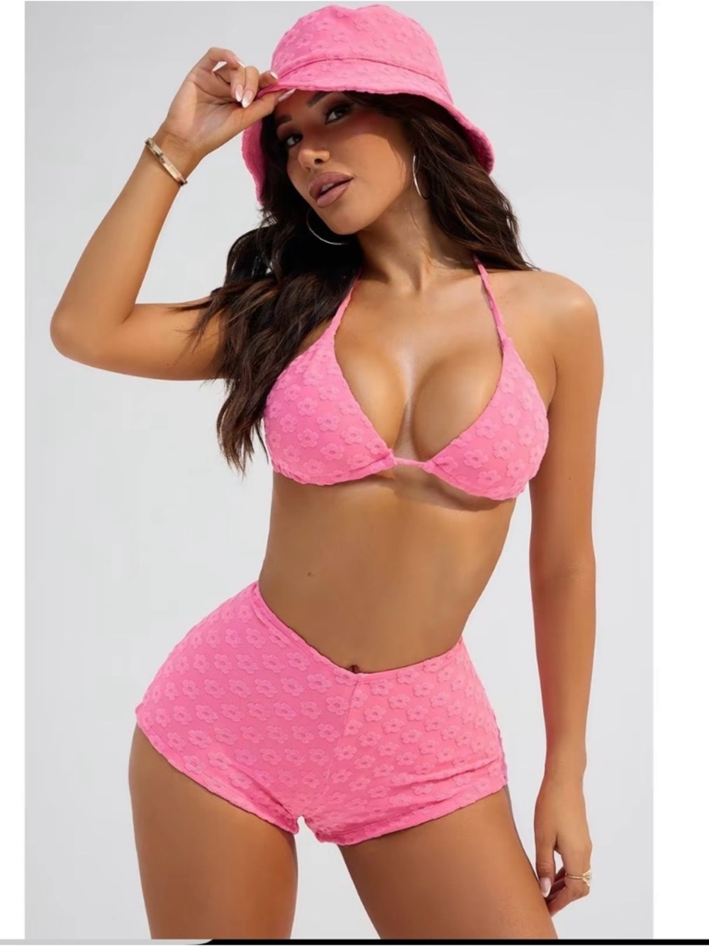Pink Floral Lace Triangle Bikini Set with High-Waist Shorts